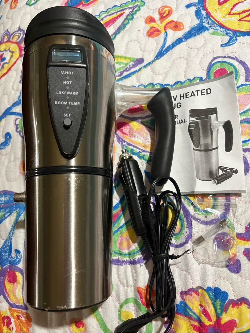 Stainless Steel Travel Mug with Handle & Car Adapter